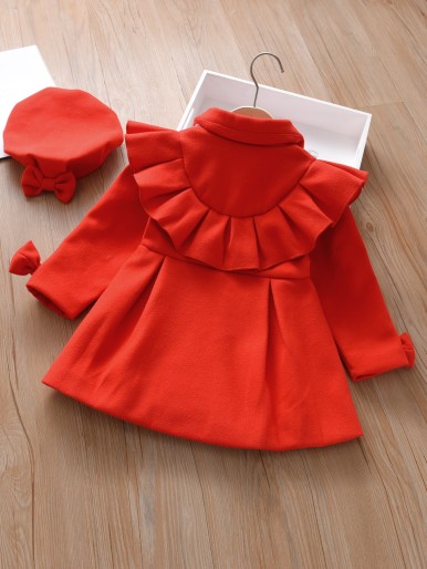 Toddler Girls Double Breasted Ruffle Trim Overcoat & Hat