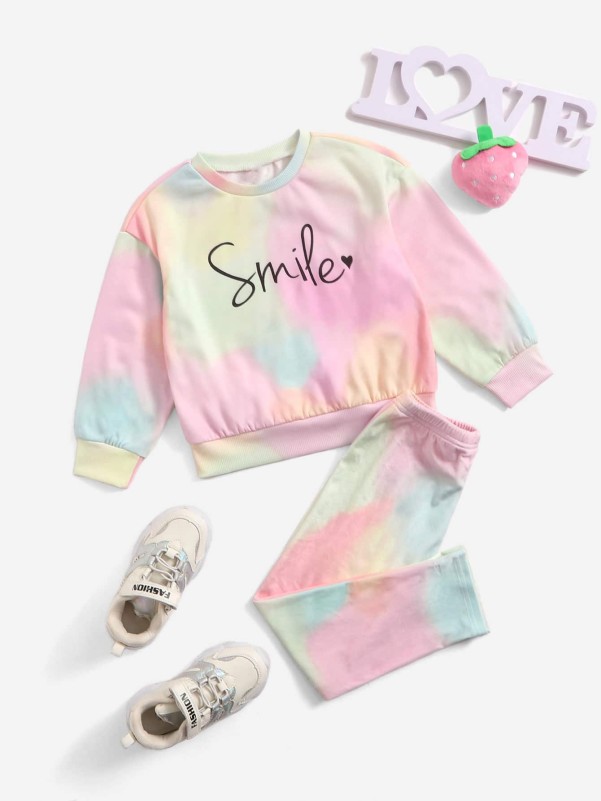 SHEIN Toddler Girls Tie Dye Heart And Letter Graphic Sweatshirt & Leggings