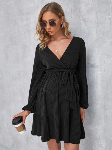 SHEIN Maternity Overlap Collar Lantern Sleeve Belted Dress