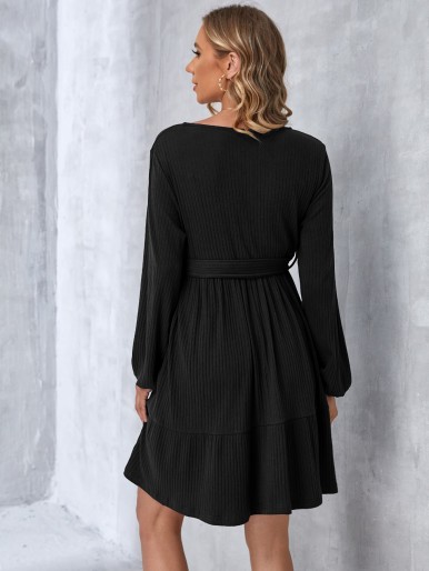 SHEIN Maternity Overlap Collar Lantern Sleeve Belted Dress