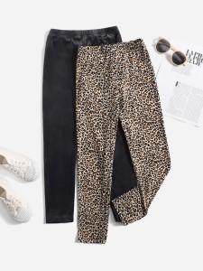 SHEIN Girls 2pcs Solid & Leopard Print Leggings