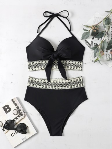 Geo Tape Knot Front Push Up Bikini Swimsuit