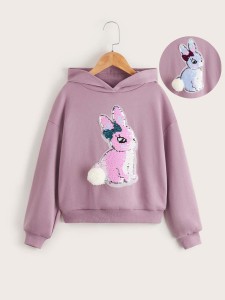 SHEIN Girls Changeable Sequins Rabbit Pattern Pompom Patched Hoodie