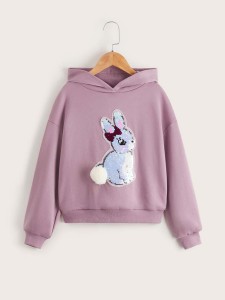 SHEIN Girls Changeable Sequins Rabbit Pattern Pompom Patched Hoodie