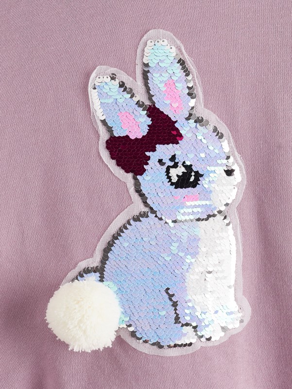 SHEIN Girls Changeable Sequins Rabbit Pattern Pompom Patched Hoodie