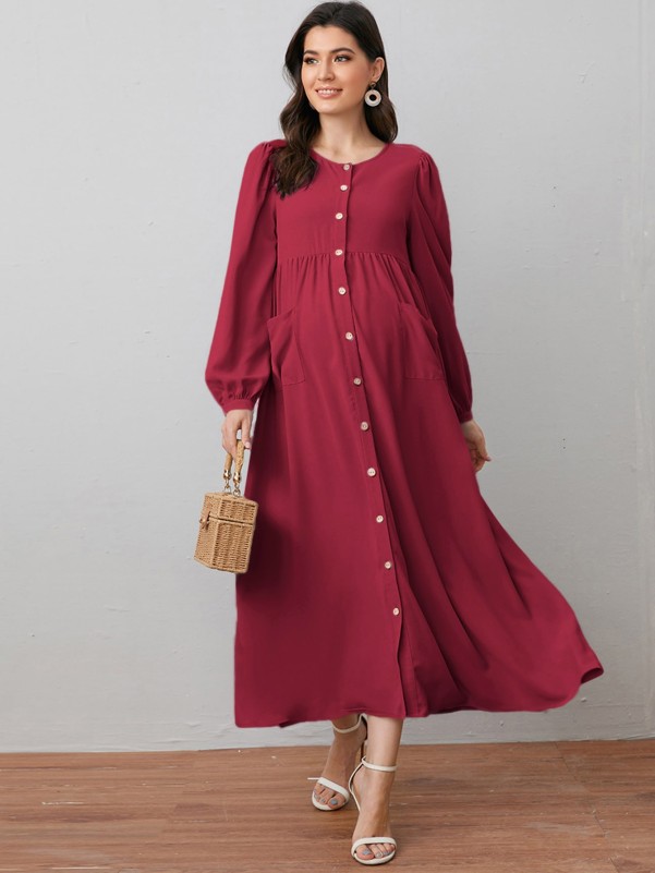 SHEIN Maternity Lantern Sleeve Patch Pocket Button Front Dress