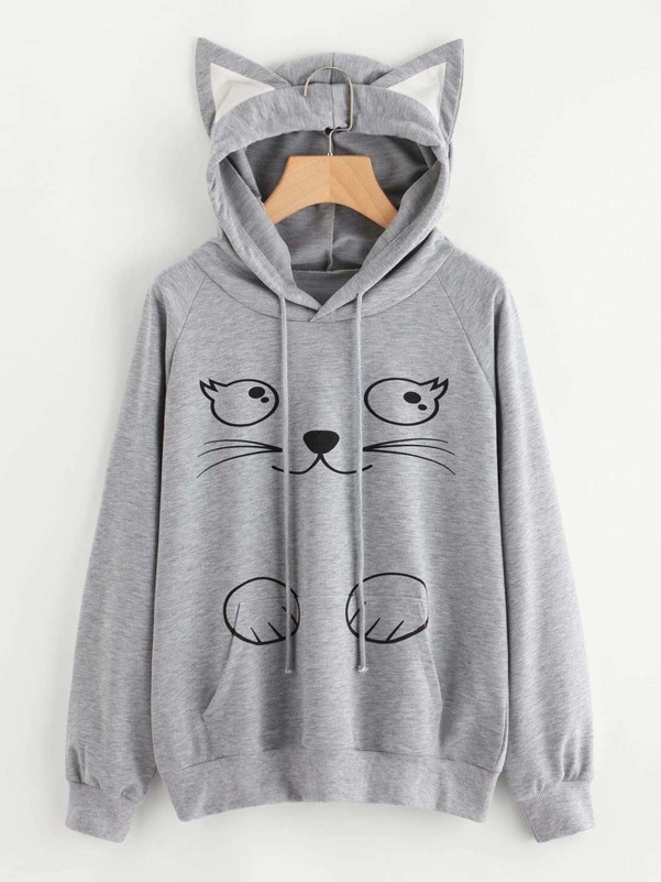 Contrast cat ear sale cartoon print hoodie