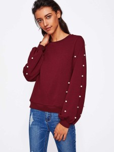 Pearl Beading Lantern Sleeve Sweatshirt