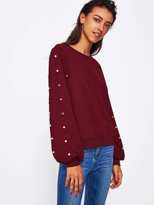 Pearl Beading Lantern Sleeve Sweatshirt