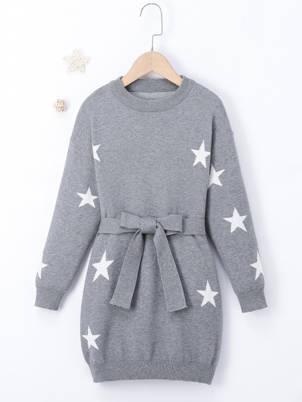 Girls Star Pattern Belted Sweater Dress