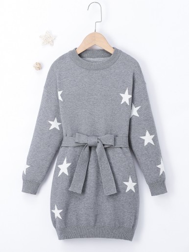 Girls Star Pattern Belted Sweater Dress