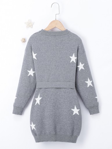 Girls Star Pattern Belted Sweater Dress