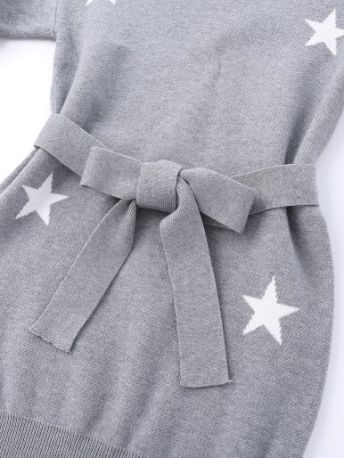 Girls Star Pattern Belted Sweater Dress