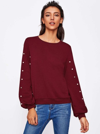 Pearl Beading Lantern Sleeve Sweatshirt