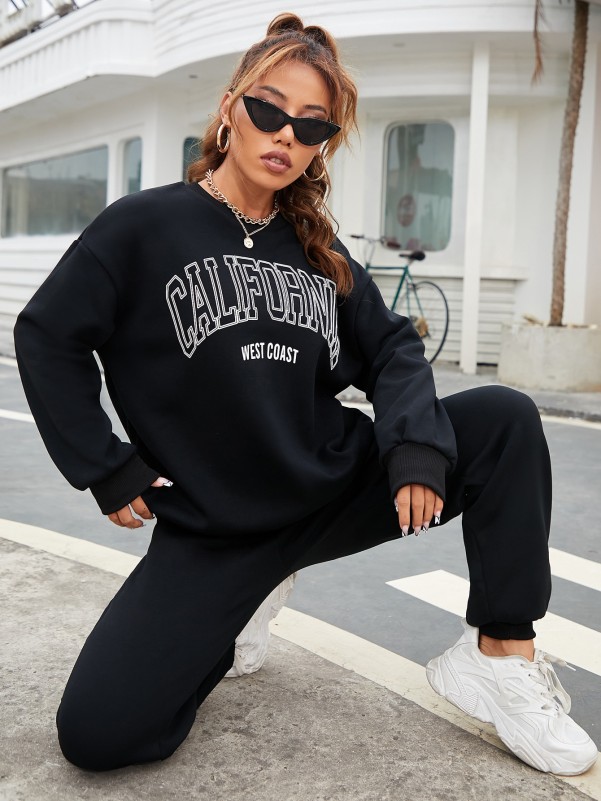 Letter Graphic Drop Shoulder Sweatshirt & Sweatpants