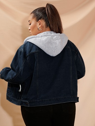 Plus Flap Detail Slant Pocket Drawstring Hooded Denim Jacket