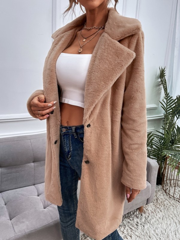 Lapel Neck Single Breasted Fuzzy Coat