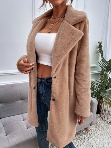 Lapel Neck Single Breasted Fuzzy Coat