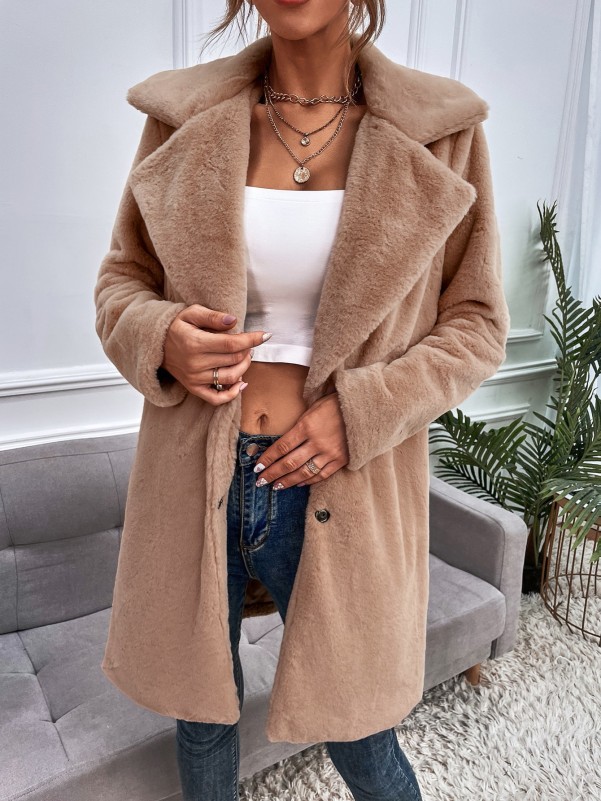 Lapel Neck Single Breasted Fuzzy Coat