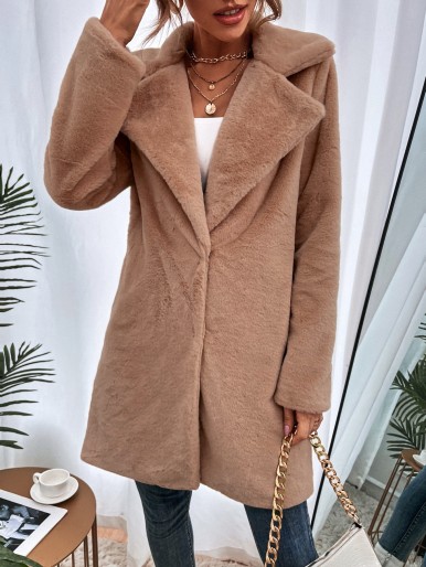 Lapel Neck Single Breasted Fuzzy Coat