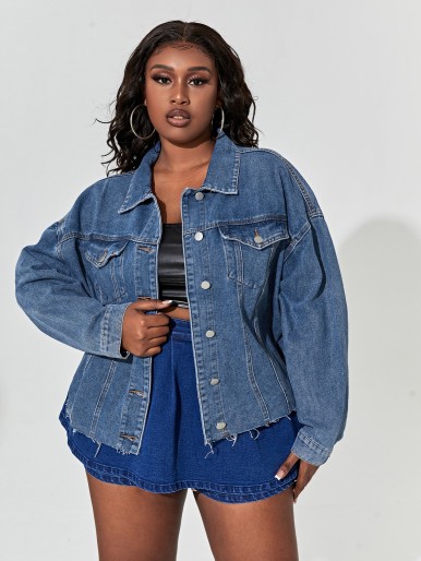 Plus Drop Shoulder Raw Cut Denim Jacket