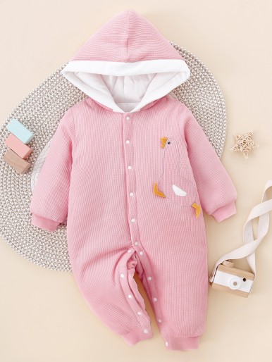 Baby Contrast Trim Cartoon Embroidery 3D Patched Hooded Jumpsuit