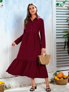 Quarter Button Ruffle Hem Shirt Smock Dress