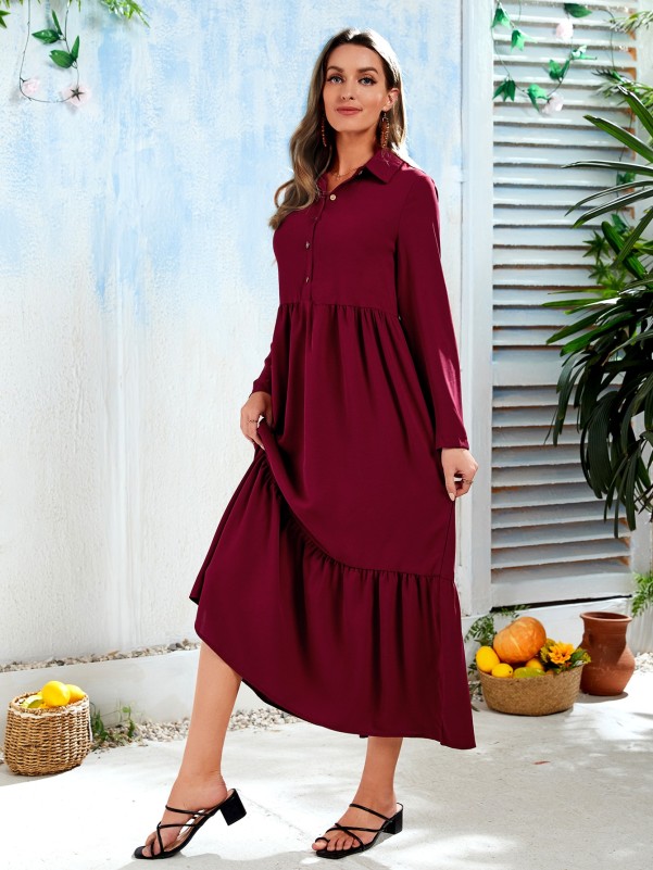 Quarter Button Ruffle Hem Shirt Smock Dress