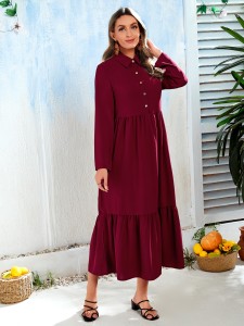 Quarter Button Ruffle Hem Shirt Smock Dress