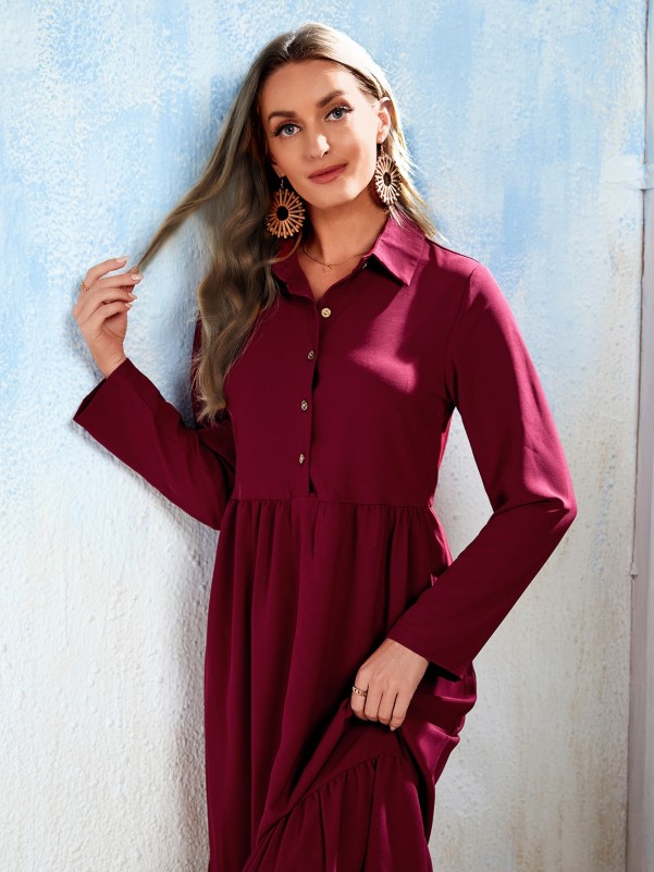 Quarter Button Ruffle Hem Shirt Smock Dress