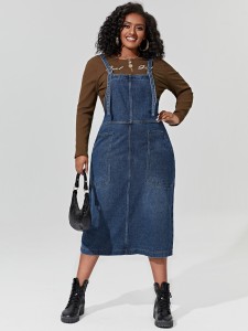 Plus Slant Pocket Split Back Denim Overall Dress Without Tee