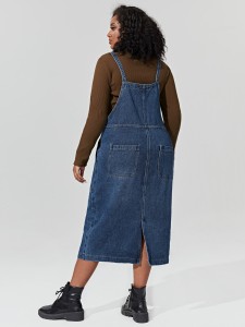 Plus Slant Pocket Split Back Denim Overall Dress Without Tee