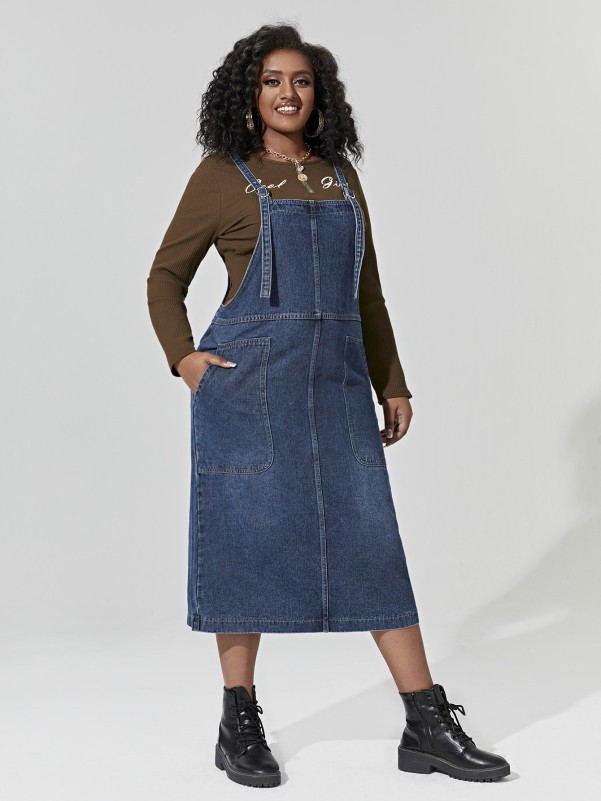 Plus Slant Pocket Split Back Denim Overall Dress Without Tee