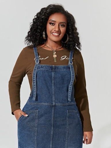 Plus Slant Pocket Split Back Denim Overall Dress Without Tee