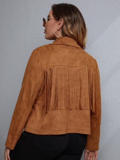 Plus Fringe Trim Lapel Neck Zipper Suedette Moto Jacket