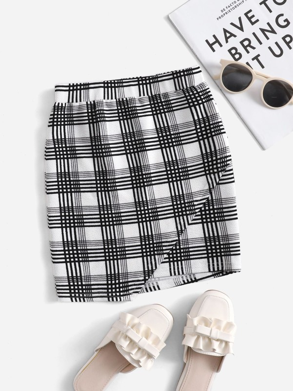 SHEIN Girls Plaid Print Fitted Skirt