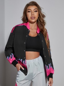 Letter & Fire Print Button Front Sports Jacket