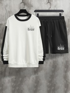 ROMWE Guys Letter Fire Graphic Sweatshirt & Drawstring Shorts