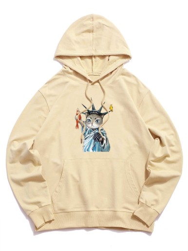 ROMWE Guys Cat Graphic Kangaroo Pocket Drawstring Hoodie