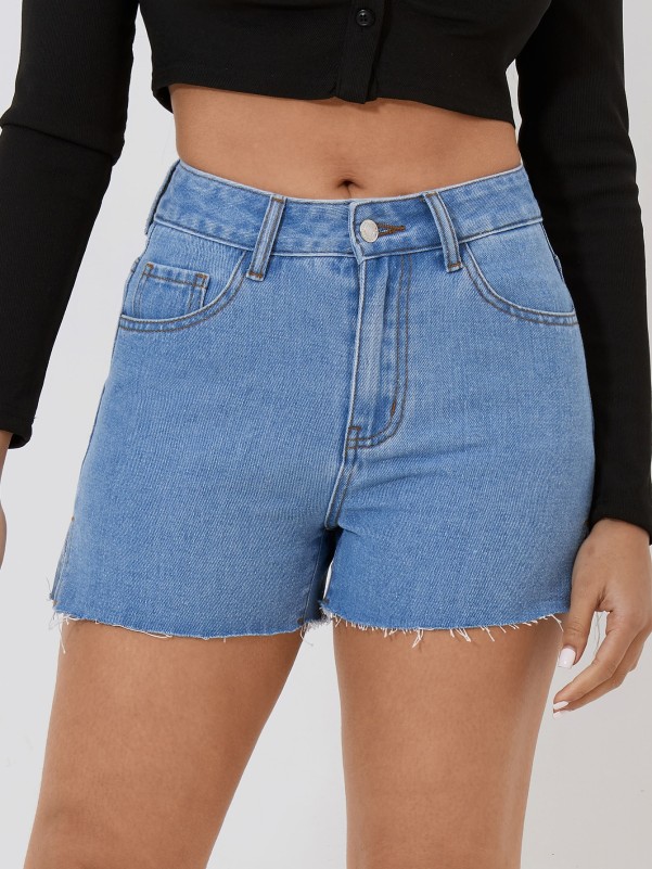 SHEIN PETITE Raw Hem Split Hem Denim Shorts