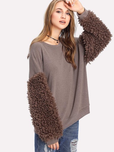 Faux Fur Sleeve Ribbed Knit Sweatshirt