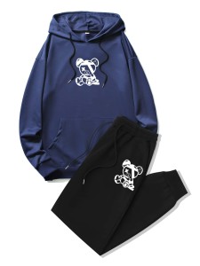 ROMWE Guys Bear Print Drawstring Hoodie & Sweatpants