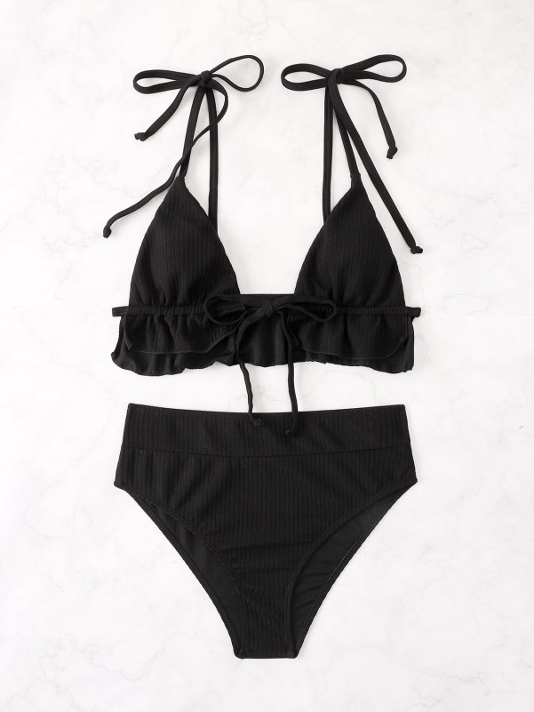 Ruffle Hem Tie Shoulder Bikini Swimsuit