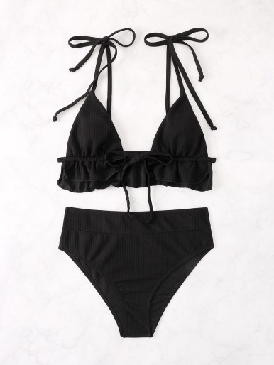 Ruffle Hem Tie Shoulder Bikini Swimsuit