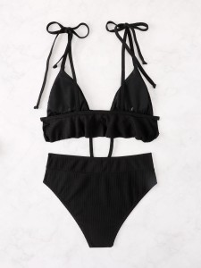 Ruffle Hem Tie Shoulder Bikini Swimsuit