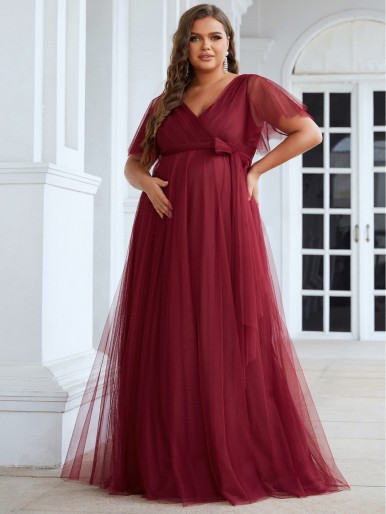 EVER-PRETTY Maternity Surplice Neck Belted Mesh Dress