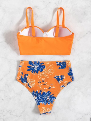 Plant Print Wrap Push Up Bikini Swimsuit