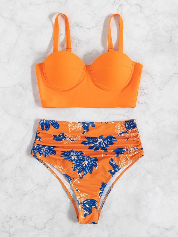 Plant Print Wrap Push Up Bikini Swimsuit