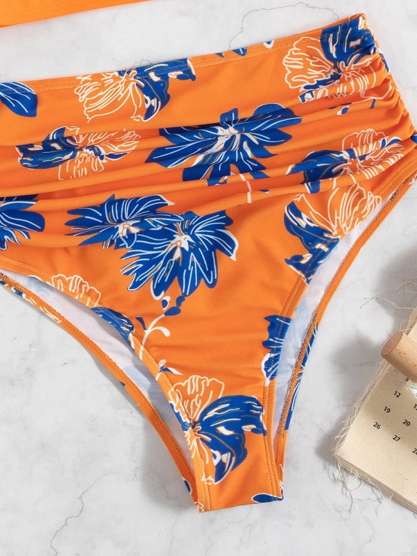 Plant Print Wrap Push Up Bikini Swimsuit