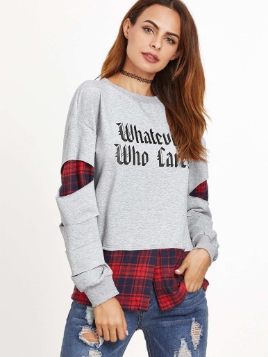 Letter Print Dropped Shoulders Plaid Lining Ripped Sweatshirt